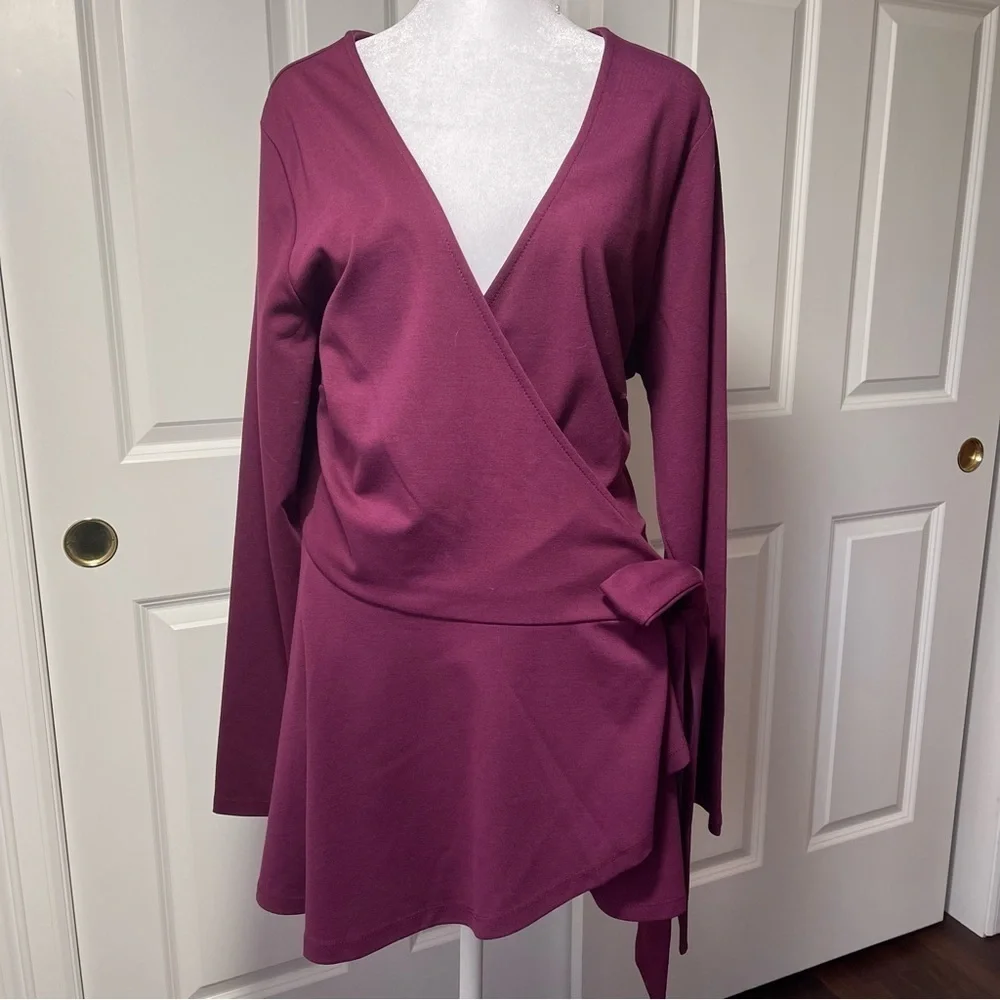 Eloquii Peplum Wrap Blouse V-Neck Long Sleeve Wine Maroon Adjustable 18